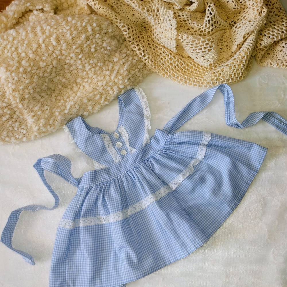 Vintage Blue Gingham Baby Dress with Lace Trim